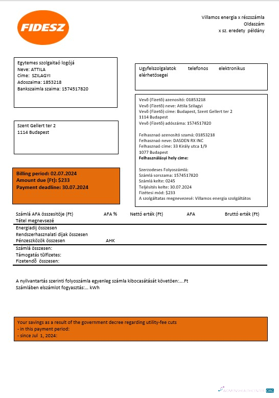 Hungary FIDESZ easy to fill business utility bill template in Word and PDF formats